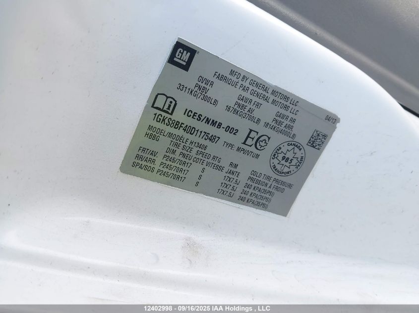 2013 GMC Savana 1500 Sl VIN: 1GKS8BF40D1175487 Lot: 12402998