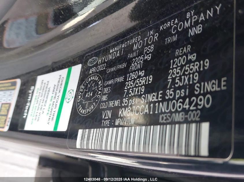 2022 Hyundai Tucson Hybrid VIN: KM8JCCA11NU064290 Lot: 12403048