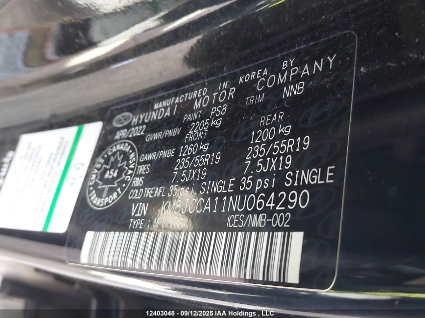 2022 Hyundai Tucson Hybrid VIN: KM8JCCA11NU064290 Lot: 12403048