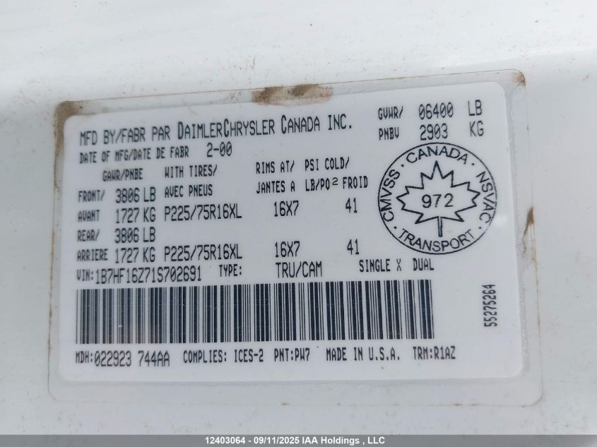 2001 Dodge Ram 1500 VIN: 1B7HF16Z71S702691 Lot: 12403064