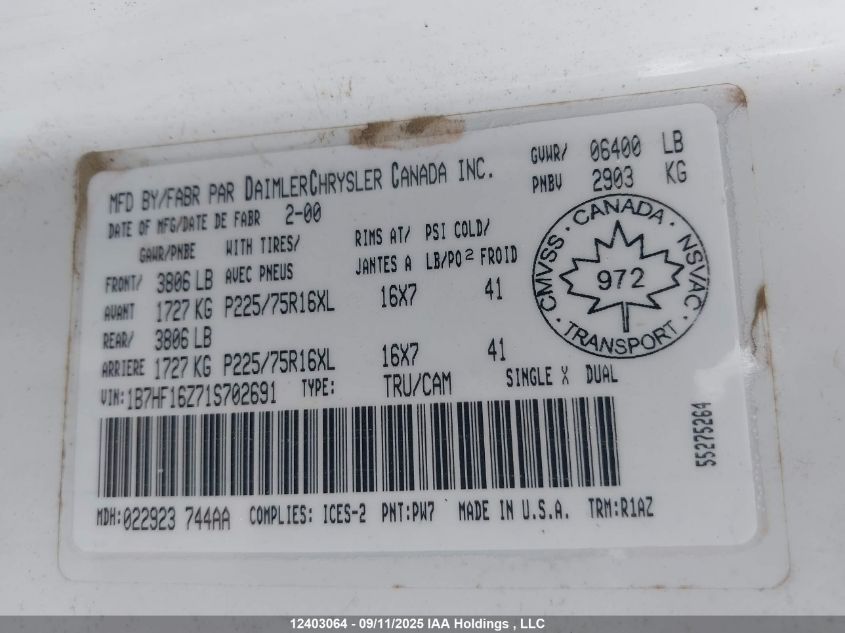 2001 Dodge Ram 1500 VIN: 1B7HF16Z71S702691 Lot: 12403064