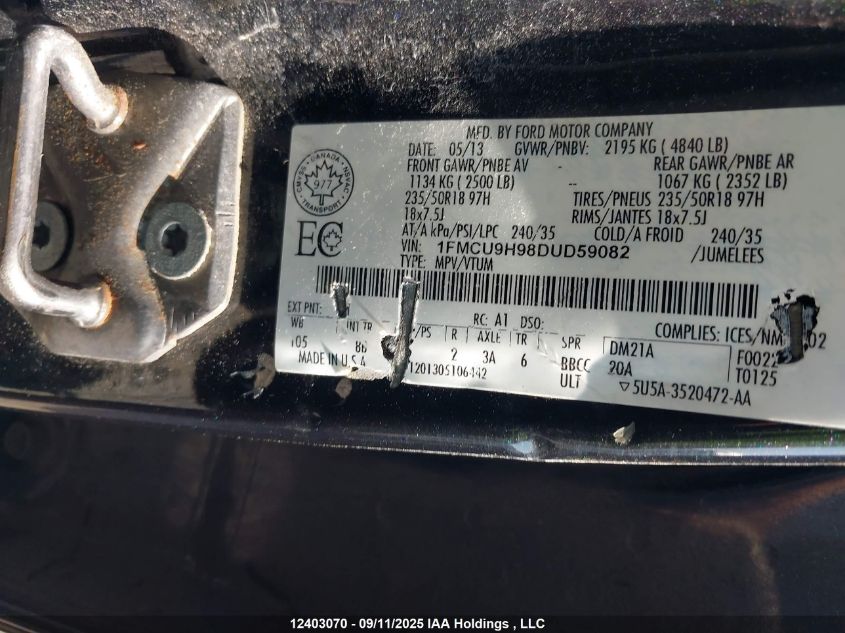 2013 Ford Escape Sel VIN: 1FMCU9H98DUD59082 Lot: 12403070