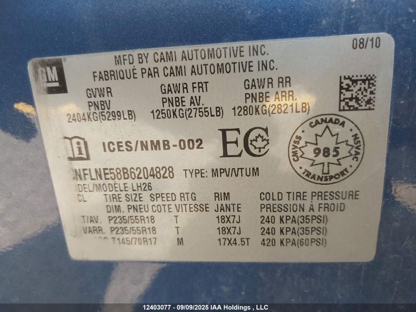 2011 Chevrolet Equinox VIN: 2CNFLNE58B6204828 Lot: 12403077