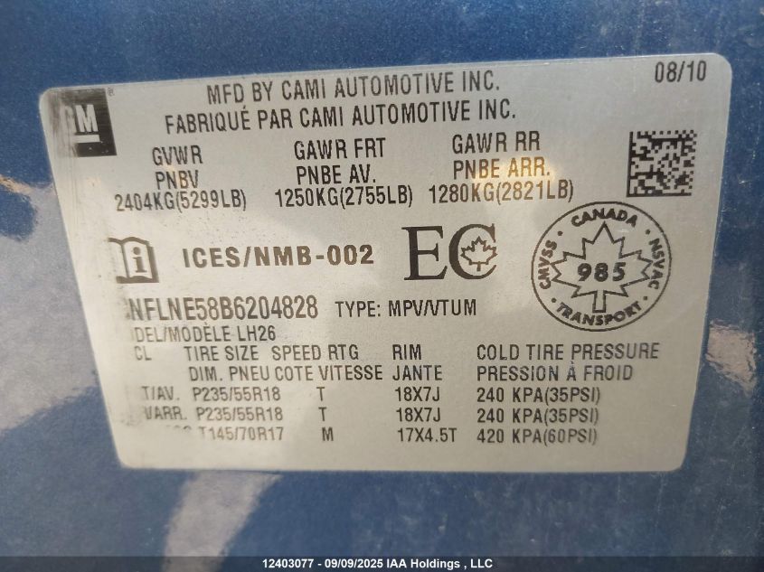 2011 Chevrolet Equinox VIN: 2CNFLNE58B6204828 Lot: 12403077