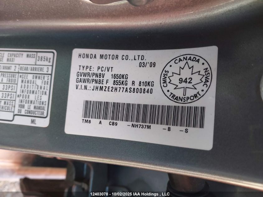 2010 Honda Insight Ex VIN: JHMZE2H77AS800840 Lot: 12403078