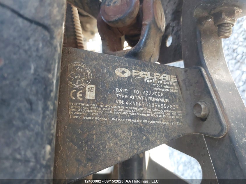 2009 Polaris Sportsman 800 Efi/Touring VIN: 4XADN76A89A552839 Lot: 12403082