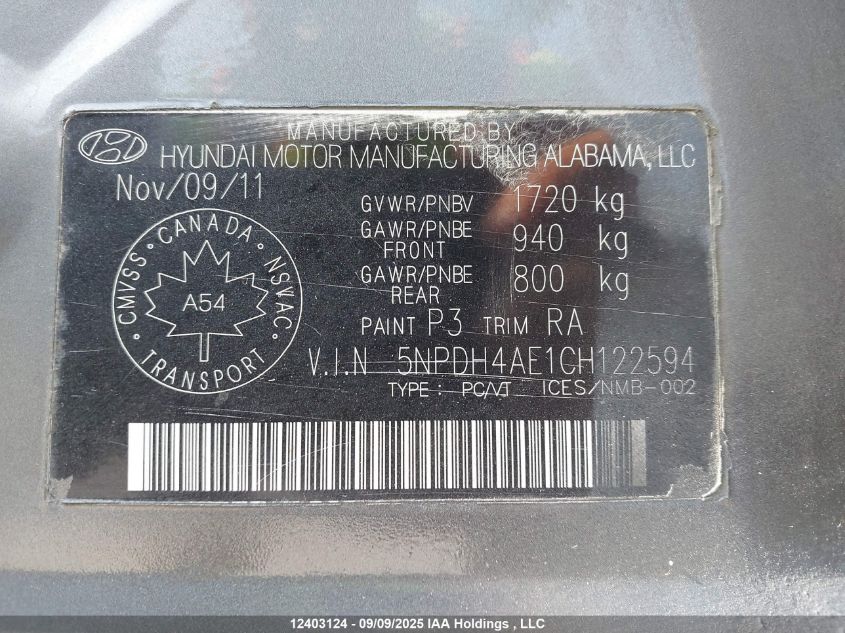 2012 Hyundai Elantra VIN: 5NPDH4AE1CH122594 Lot: 12403124