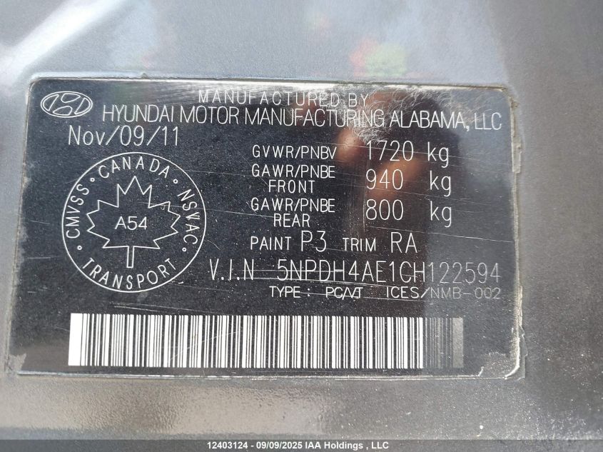 2012 Hyundai Elantra VIN: 5NPDH4AE1CH122594 Lot: 12403124