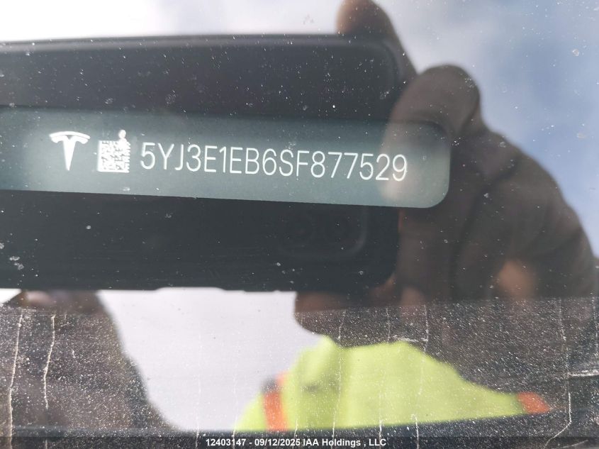 2025 Tesla Model 3 Long Range VIN: 5YJ3E1EB6SF877529 Lot: 12403147