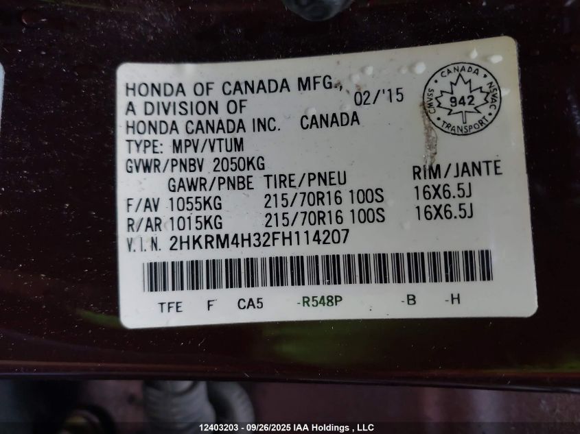 2015 Honda Cr-V Lx VIN: 2HKRM4H32FH114207 Lot: 12403203