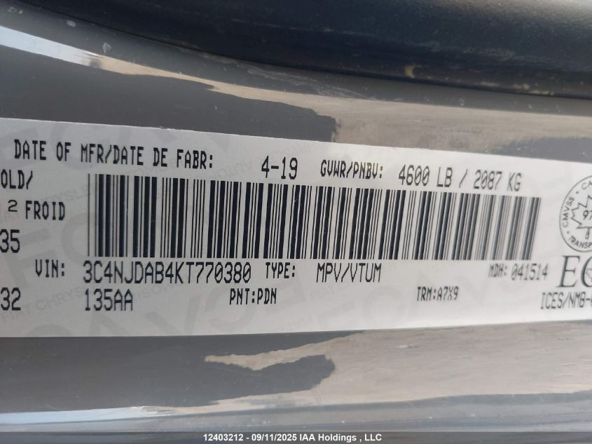 2019 Jeep Compass Sport VIN: 3C4NJDAB4KT770380 Lot: 12403212