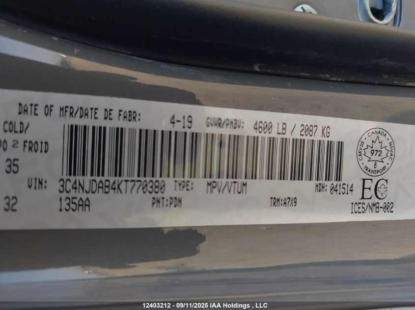 2019 Jeep Compass Sport VIN: 3C4NJDAB4KT770380 Lot: 12403212