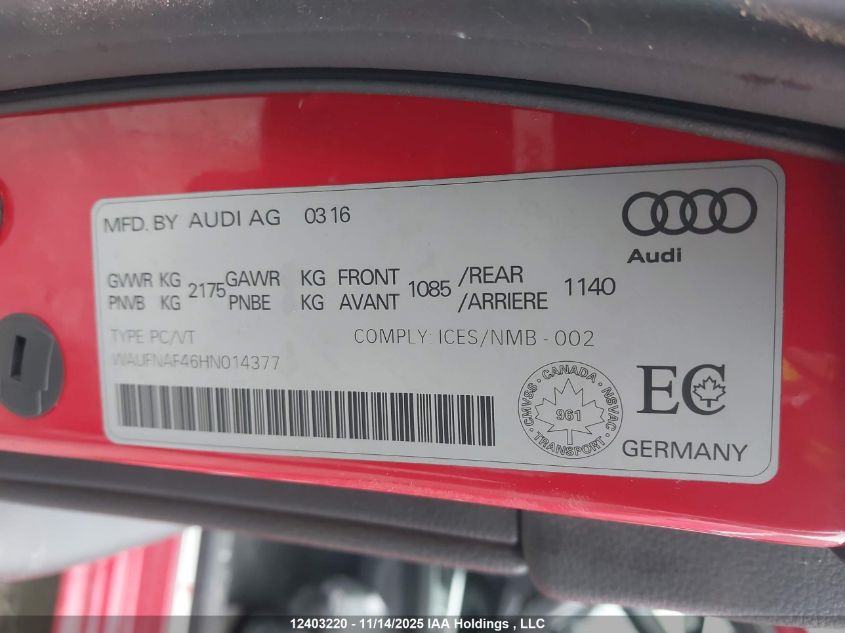 2017 Audi A4 Prestige VIN: WAUFNAF46HN014377 Lot: 12403220
