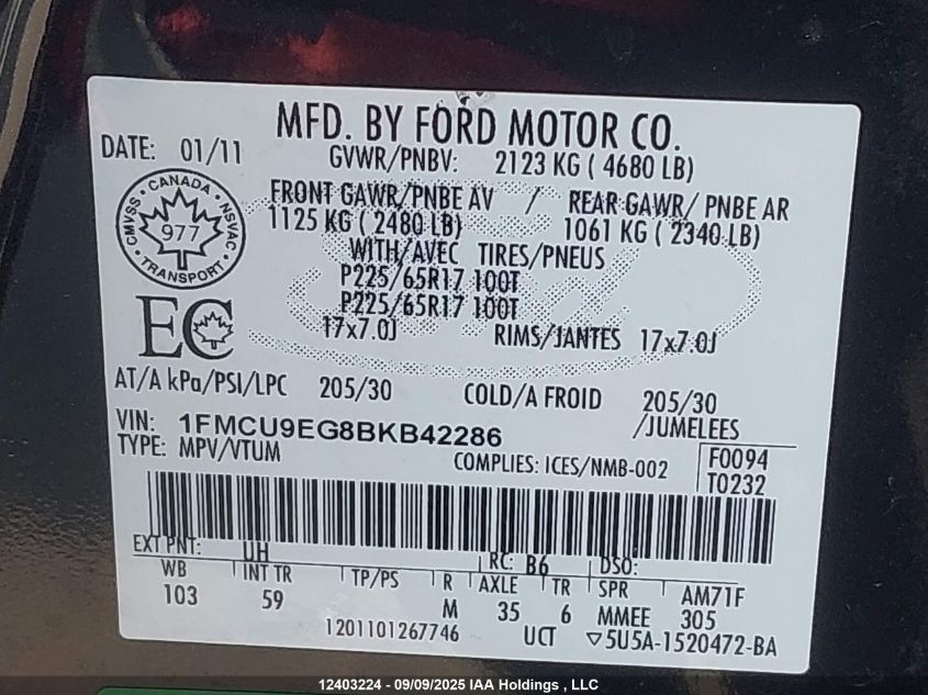 2011 Ford Escape Limited VIN: 1FMCU9EG8BKB42286 Lot: 12403224