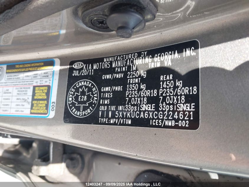 2012 Kia Sorento Ex VIN: 5XYKUCA6XCG224621 Lot: 12403247