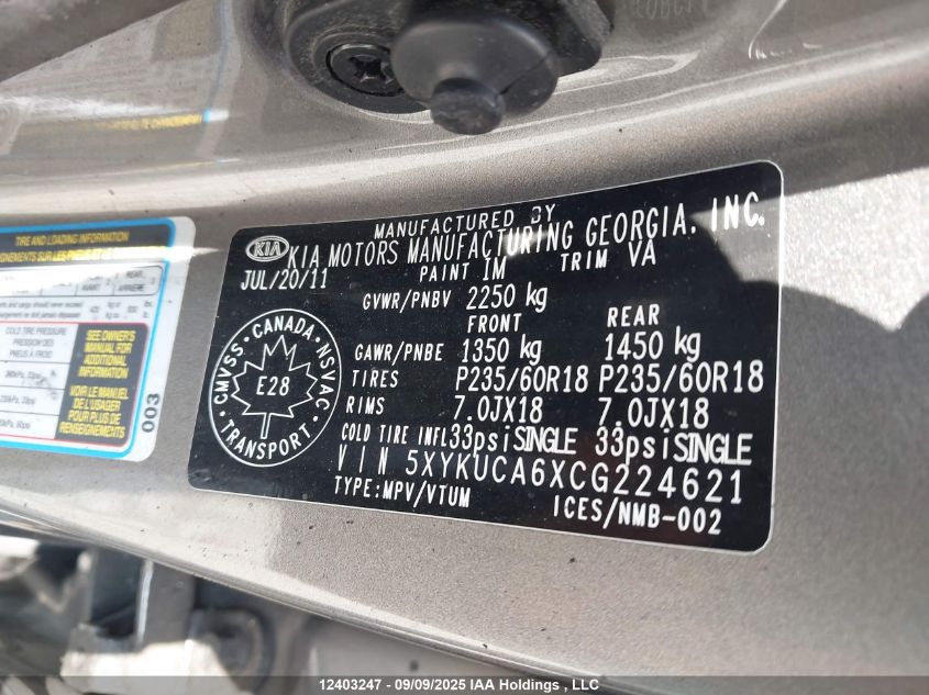 2012 Kia Sorento Ex VIN: 5XYKUCA6XCG224621 Lot: 12403247