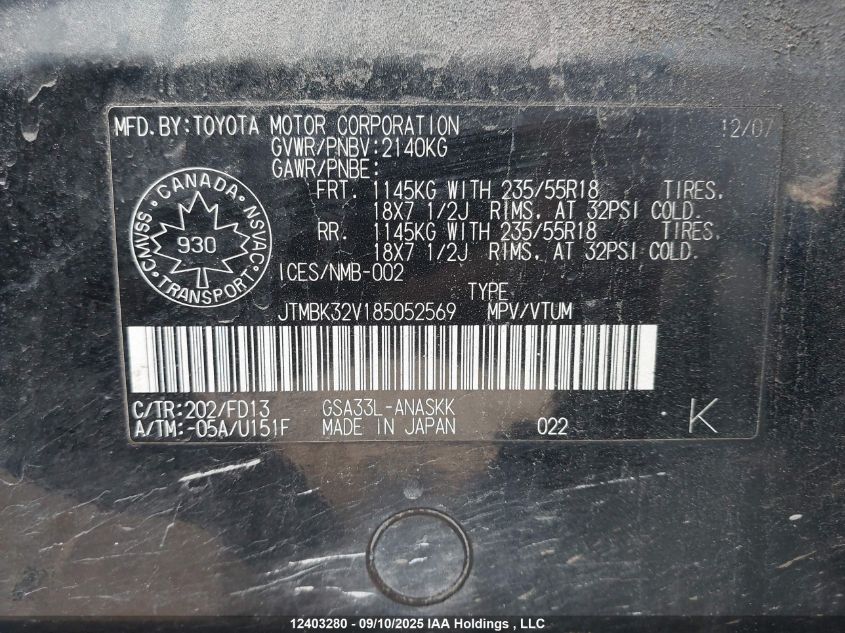 2008 Toyota Rav4 VIN: JTMBK32V185052569 Lot: 12403280