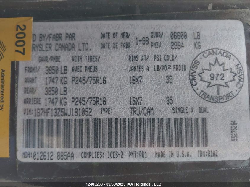 1998 Dodge Ram 1500 VIN: 1B7HF13Z5WJ181052 Lot: 12403288