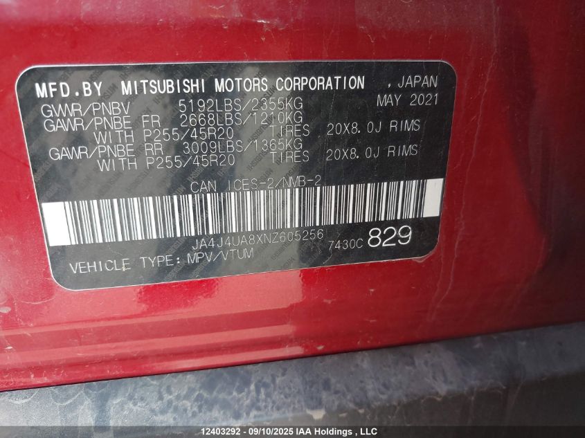 2022 Mitsubishi Outlander Le/Le Premium/Se/Sel VIN: JA4J4UA8XNZ605256 Lot: 12403292