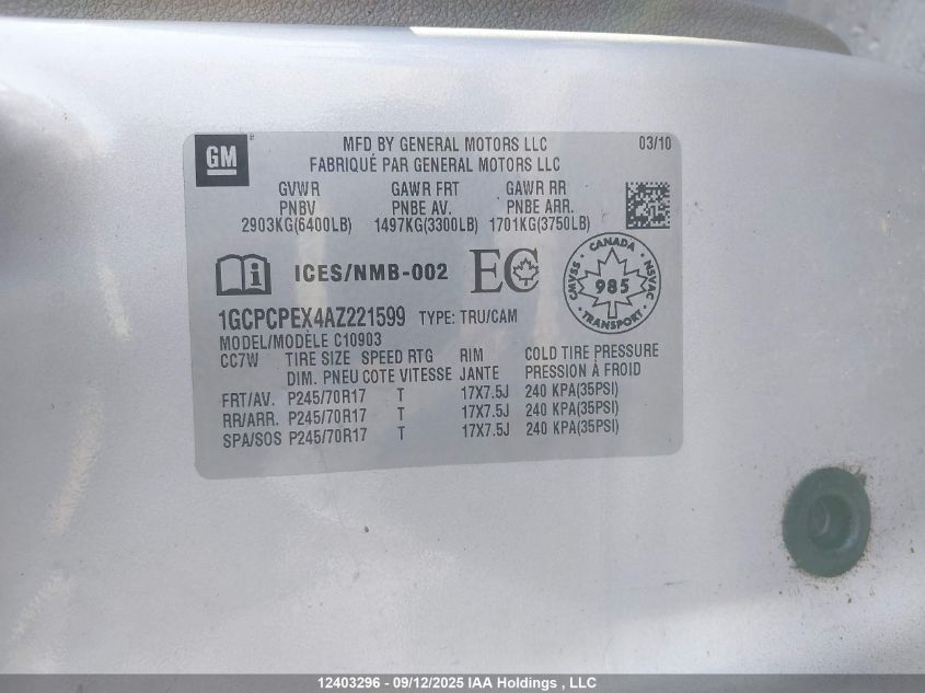2010 Chevrolet Silverado 1500 VIN: 1GCPCPEX4AZ221599 Lot: 12403296