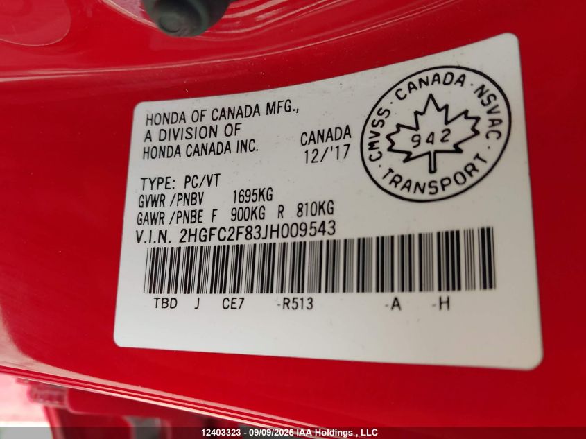 2018 Honda Civic Ex 4Dr VIN: 2HGFC2F83JH009543 Lot: 12403323