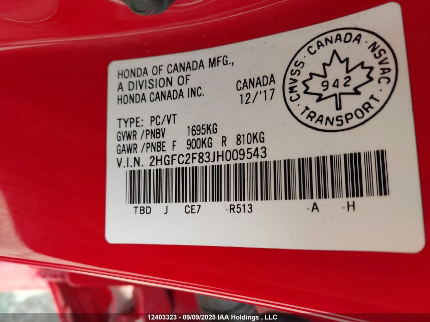 2018 Honda Civic Ex 4Dr VIN: 2HGFC2F83JH009543 Lot: 12403323