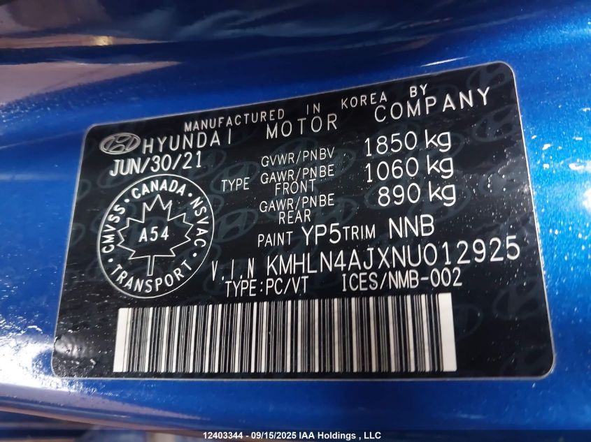 2022 Hyundai Elantra Limited VIN: KMHLN4AJXNU012925 Lot: 12403344