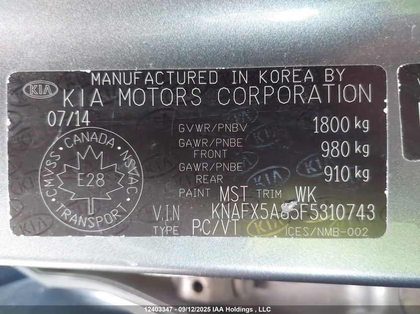 KNAFX5A85F5310743 2015 KIA FORTE photo no. 9