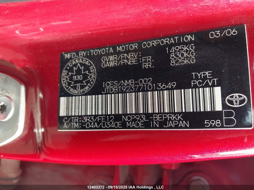 2007 Toyota Yaris VIN: JTDBT923771013649 Lot: 12403372