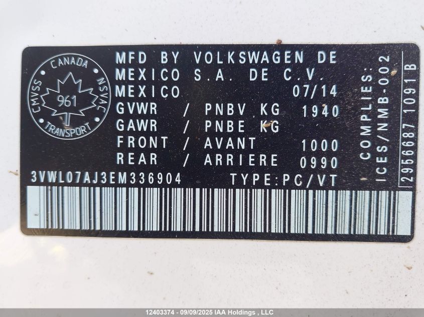 2014 Volkswagen Jetta Sedan VIN: 3VWL07AJ3EM336904 Lot: 12403374