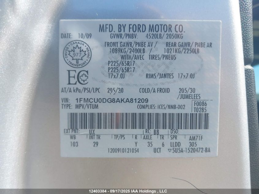 2010 Ford Escape Xlt Automatic VIN: 1FMCU0DG8AKA81209 Lot: 12403384