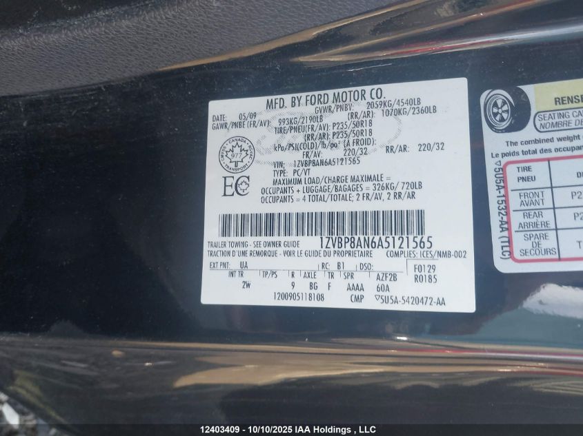 2010 Ford Mustang VIN: 1ZVBP8AN6A5121565 Lot: 12403409