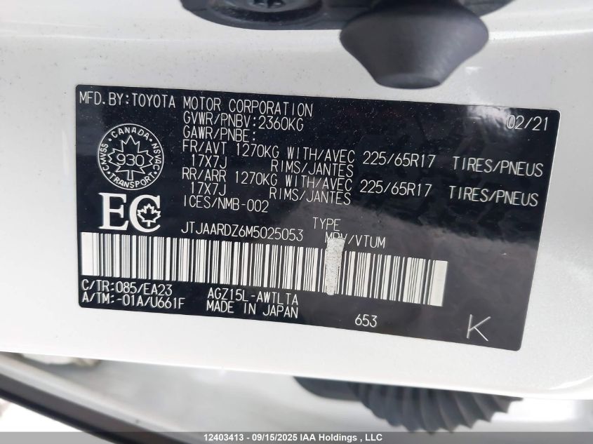 2021 Lexus Nx 300 VIN: JTJAARDZ6M5025053 Lot: 12403413