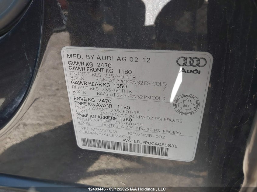WA1LFCFP0CA085836 2012 AUDI Q5 photo no. 9