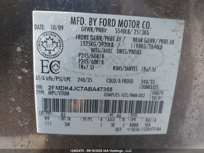 2010 Ford Edge Sel VIN: 2FMDK4JC7ABA47355 Lot: 12403470