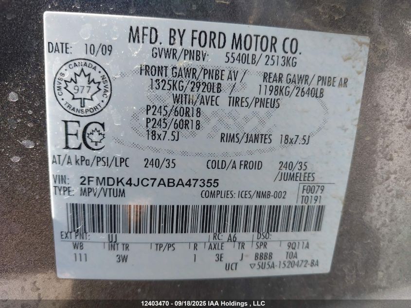 2010 Ford Edge Sel VIN: 2FMDK4JC7ABA47355 Lot: 12403470