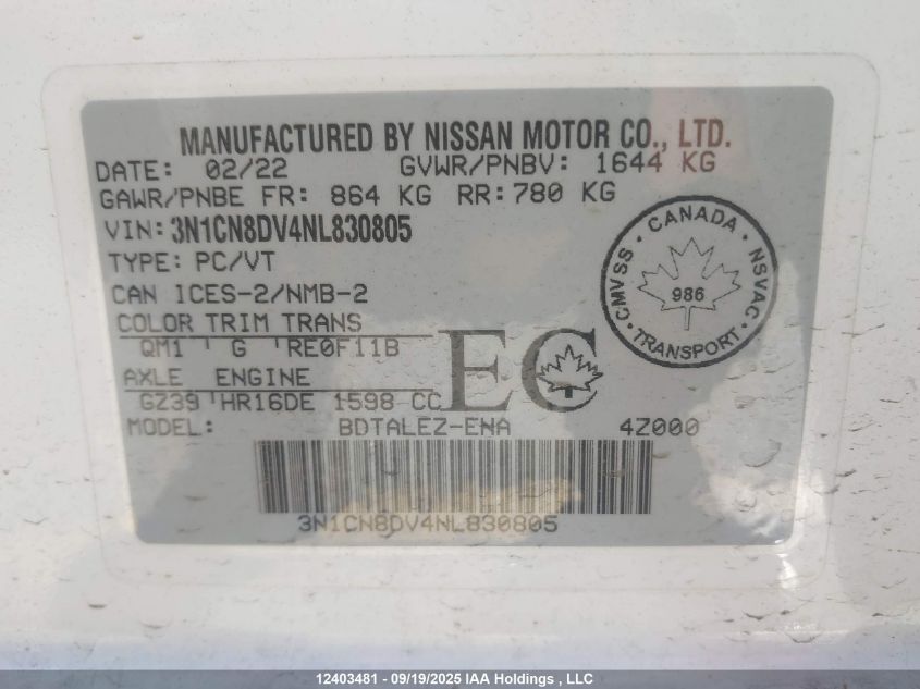 2022 Nissan Versa S VIN: 3N1CN8DV4NL830805 Lot: 12403481