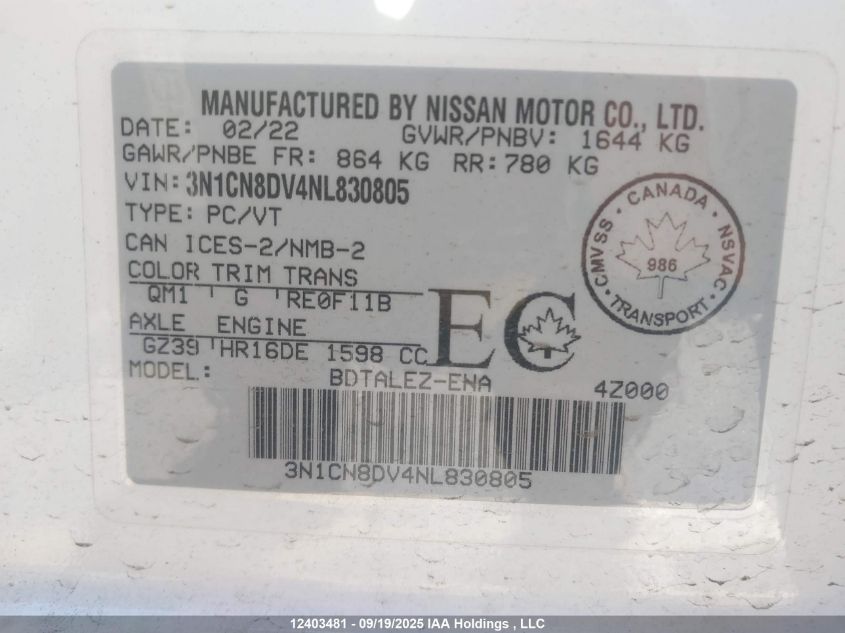 2022 Nissan Versa S VIN: 3N1CN8DV4NL830805 Lot: 12403481