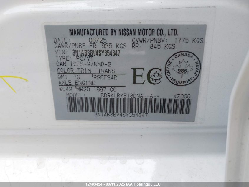 2025 Nissan Sentra S/S Plus VIN: 3N1AB8BV4SY354847 Lot: 12403494