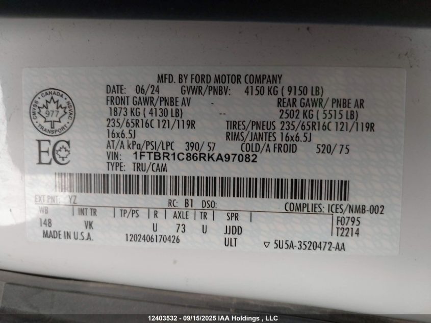 2024 Ford Transit T-250 VIN: 1FTBR1C86RKA97082 Lot: 12403532