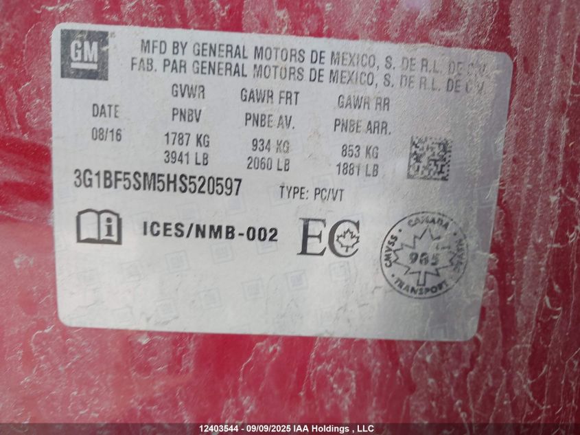 2017 Chevrolet Cruze Premier VIN: 3G1BF5SM5HS520597 Lot: 12403544