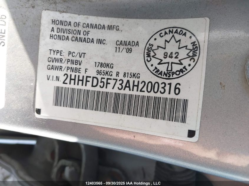 2010 Acura Csx VIN: 2HHFD5F73AH200316 Lot: 12403565