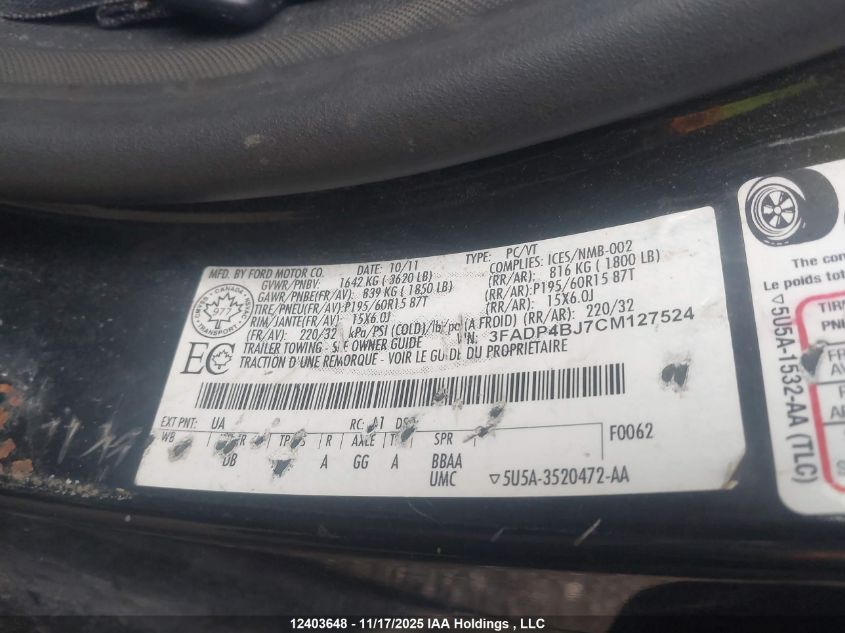 2012 Ford Fiesta VIN: 3FADP4BJ7CM127524 Lot: 12403648