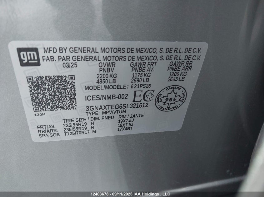 2025 Chevrolet Equinox Rs Awd VIN: 3GNAXTEG6SL321612 Lot: 12403678