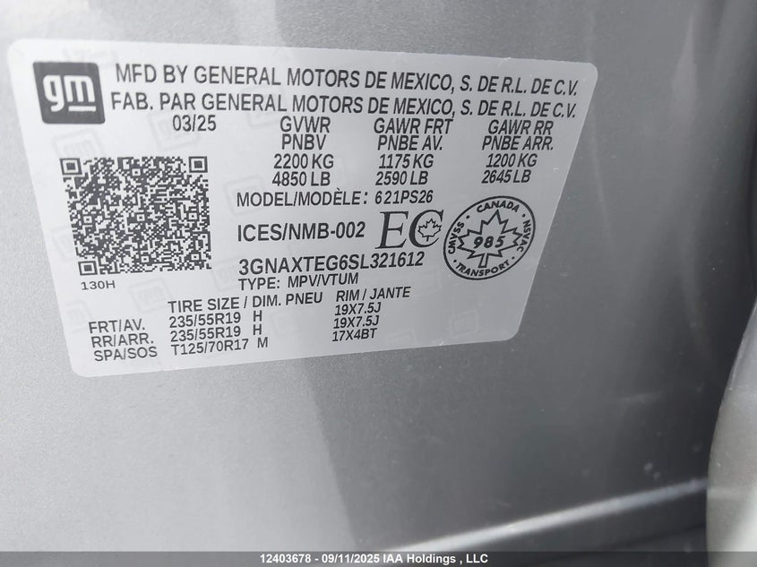 2025 Chevrolet Equinox Rs Awd VIN: 3GNAXTEG6SL321612 Lot: 12403678