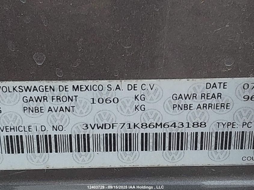 2006 Volkswagen Jetta 2.5L Leather VIN: 3VWDF71K86M643188 Lot: 12403729