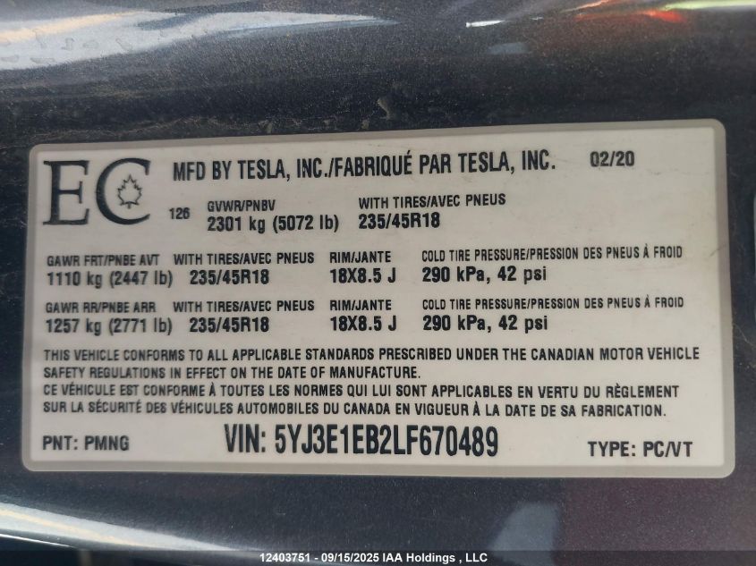 2020 Tesla Model 3 Long Range VIN: 5YJ3E1EB2LF670489 Lot: 12403751