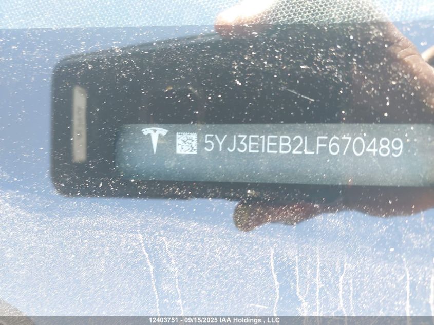 2020 Tesla Model 3 Long Range VIN: 5YJ3E1EB2LF670489 Lot: 12403751