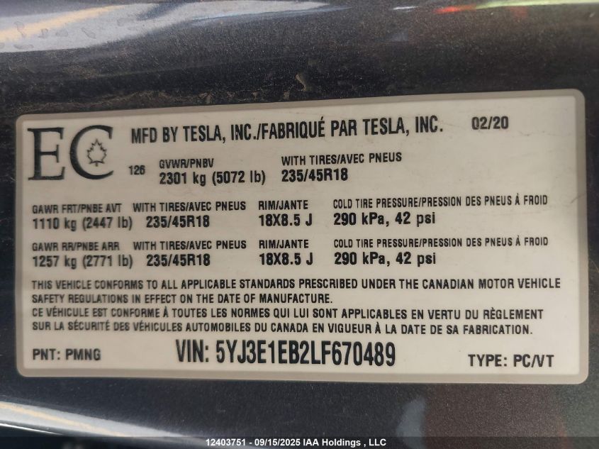 2020 Tesla Model 3 Long Range VIN: 5YJ3E1EB2LF670489 Lot: 12403751