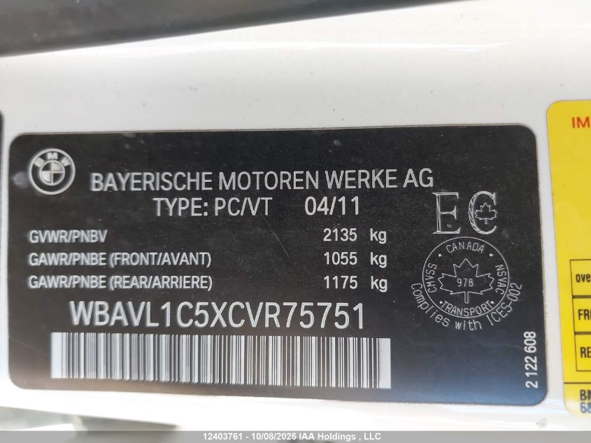 2012 BMW X1 xDrive28I VIN: WBAVL1C5XCVR75751 Lot: 12403761